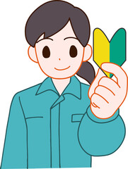 作業服を着た初心者マークを持つ笑顔のデフォルメ女性のイラスト
