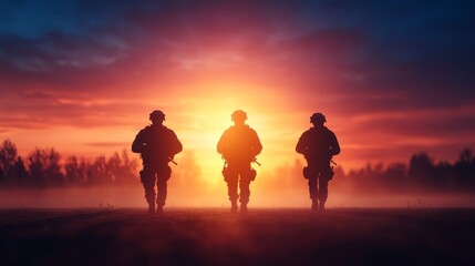 Soldiers walking through fog at sunset, a dramatic silhouette against vibrant sky