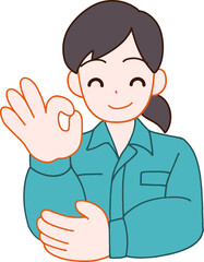作業服を着た笑顔でOKする笑顔のデフォルメ女性のイラスト