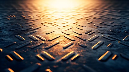 Panoramic floor with cross-hatch kick plate, metallic diamonds reflecting industrial lighting, rugged textures, seamless texture, ultra-realistic metal details