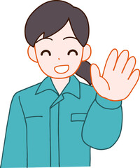 作業服を着た挨拶する笑顔のデフォルメ女性のイラスト