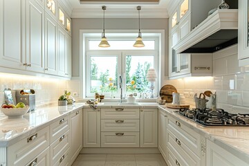 White kitchen with marble countertops and a window.