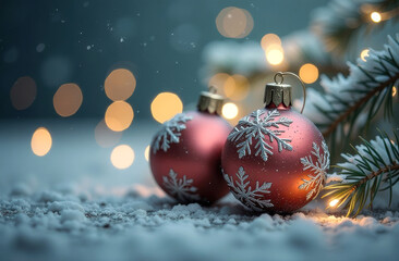 Warm color Christmas balls and snowflake on abstract background