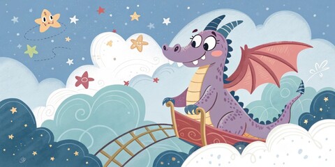 Whimsical Fantasy A fantasythemed float showcasing a cartoonish dragon and s designed with oversized features surrounded by clouds and stars to evoke a sense of magic.