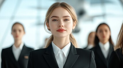 Confident flight attendants in a modern airport setting