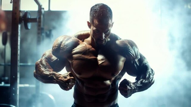 Powerful Bodybuilder Flexing Muscles in a Gym. Intense Fitness Scene Featuring a Muscular Man Showcasing Strength and Determination During a Gym Workout. Video Made Using Generative AI