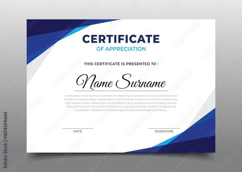 Poster business certificate template design with modern geometric blue gradient triangle overlapping border
