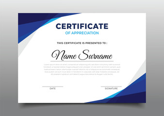 Business certificate template design with modern geometric blue gradient triangle overlapping border frame