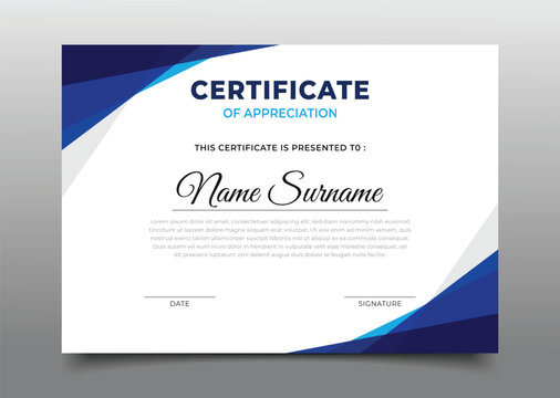 Business certificate template design with modern geometric blue gradient triangle overlapping border frame