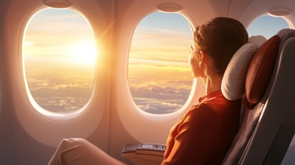Woman gazing out of airplane window at sunset