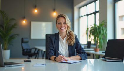 Smiling real estate agent at her desk ready to hand over house keys to excited new homeowners in a modern office