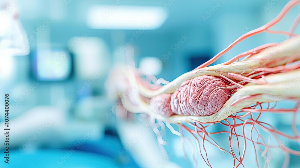 Poster close-up of neural tissue with illuminated background in medical environment.