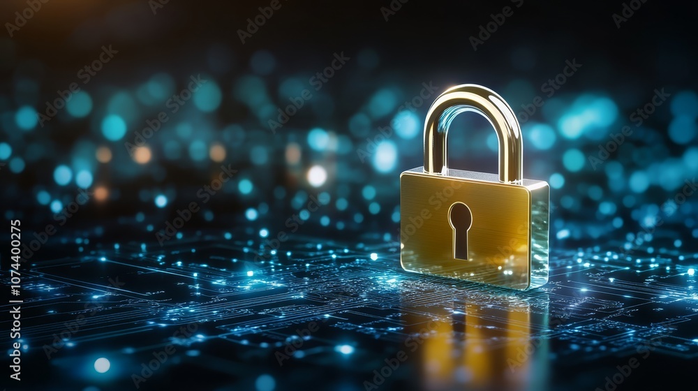 Poster cybersecurity padlock protecting digital circuit, ensuring data protection and network security in a