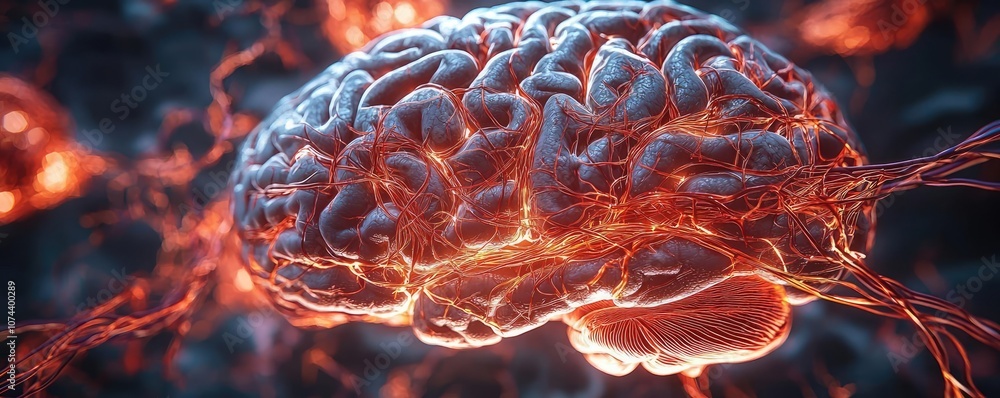 Poster illuminated brain with glowing neural connections on a dark background