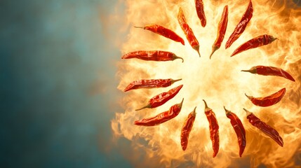 Igniting the senses, a fiery spectacle of hot chili peppers engulfed in flames flaming