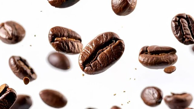 Coffee beans falling on a white background