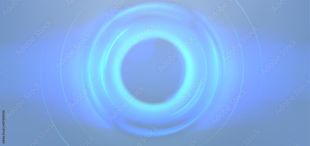 Poster luminous concentric circles around sphere with blue neon light. flare radiates from central round fr