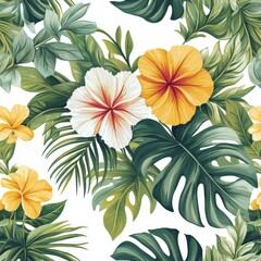 Tropical Floral Design with Vibrant Hibiscus and Lush Green Leaves