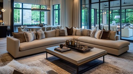 A modern living room with a large sectional sofa, a coffee table, and a rug. The room has large windows and a sliding glass door that lead to a patio.