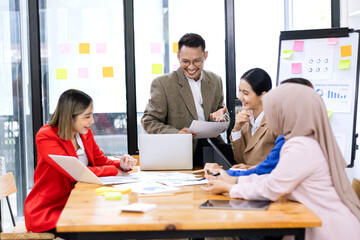 Team of asian business working with finances analysis report meeting in office, business financing,...