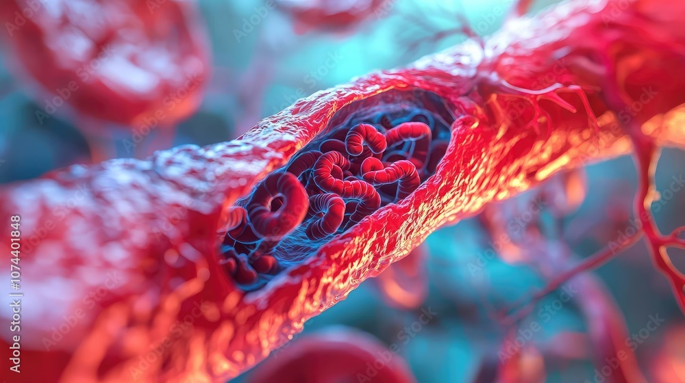 Poster 3d rendering of a red blood cell and its internal structure.