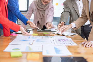 Confident team of Asian business people stands at office, employees friendly team, business professionals executive,