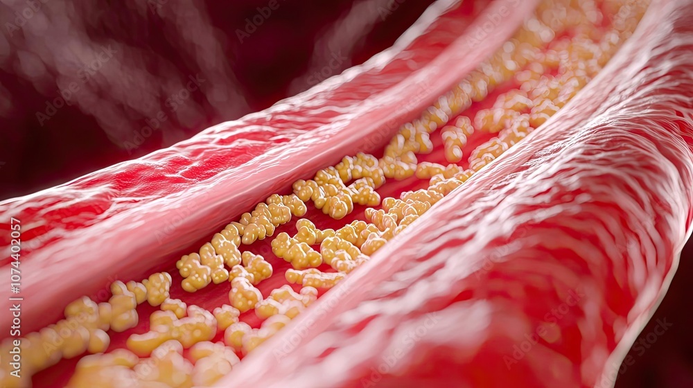 Poster 3d rendering of artery with plaque buildup, close-up view on white isolate background.