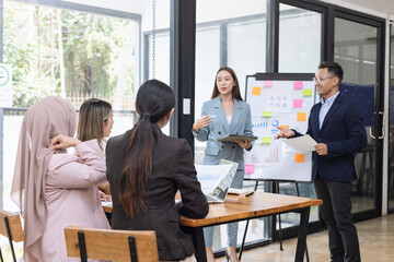 Team of asian business working with finances analysis report meeting in office, business financing, accounting banking, Business teamwork, Team of creative asian business meeting and business planning