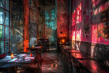 Obraz premium Empty restaurant with red light and grunge walls.