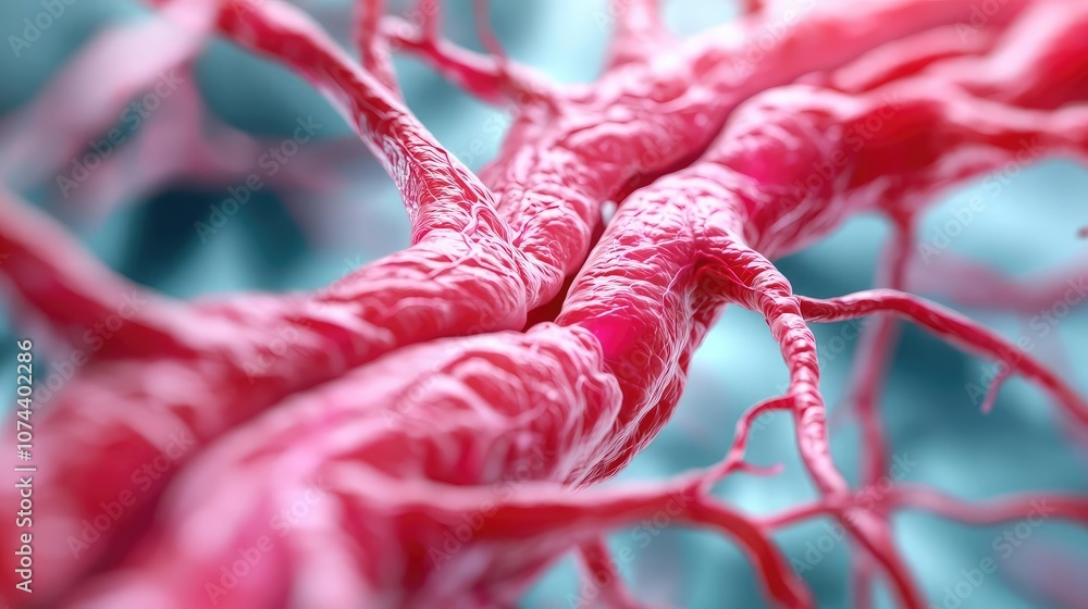 Poster close-up of intricate red neural networks on a blurred blue background.