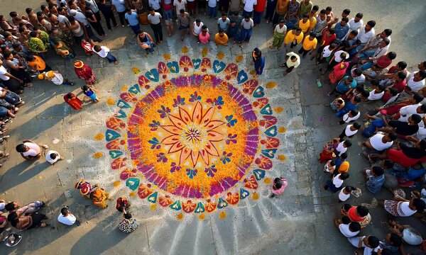 A vibrant rangoli design made with colorful powders, surrounded by people celebrating.