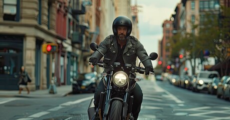 Man rides motorcycle through city street.