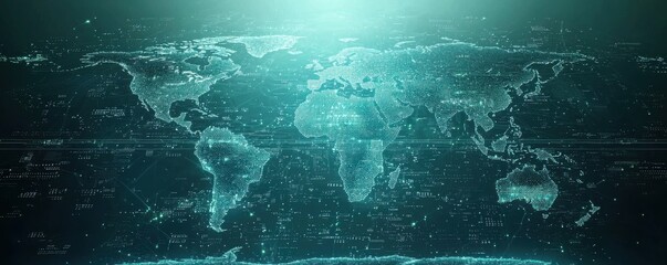 Digital technology world map with glowing green background