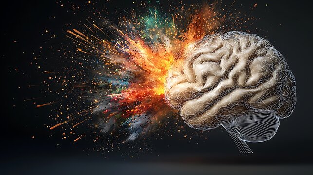 The concept art features a realistic portrayal of a human brain exploding with vibrant bursts of color and energy