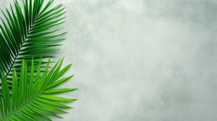 Obraz premium Tropical greenery, vibrant green palm leaves on a neutral gray backdrop for serene, natural aesthetic