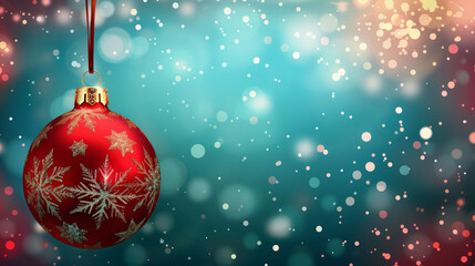 Red Christmas ball hanging on magic background. Xmas bauble with ornament, copy space