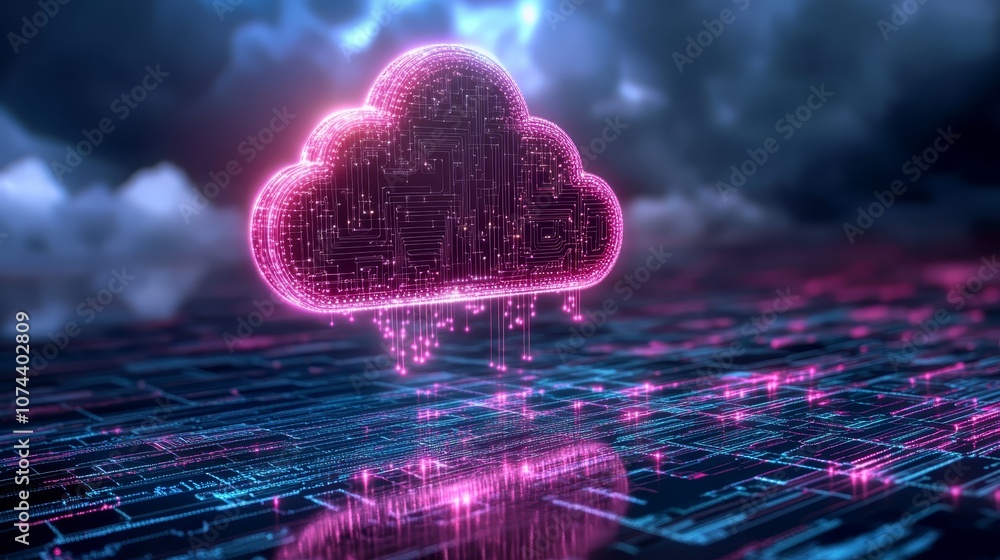 Poster cloud computing on laptop, access data, software,symbolizing advanced technology and cosmic science