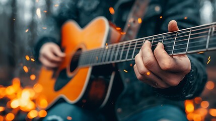Obraz premium Musician strums guitar amidst glowing ember firelight in enchanting forest setting