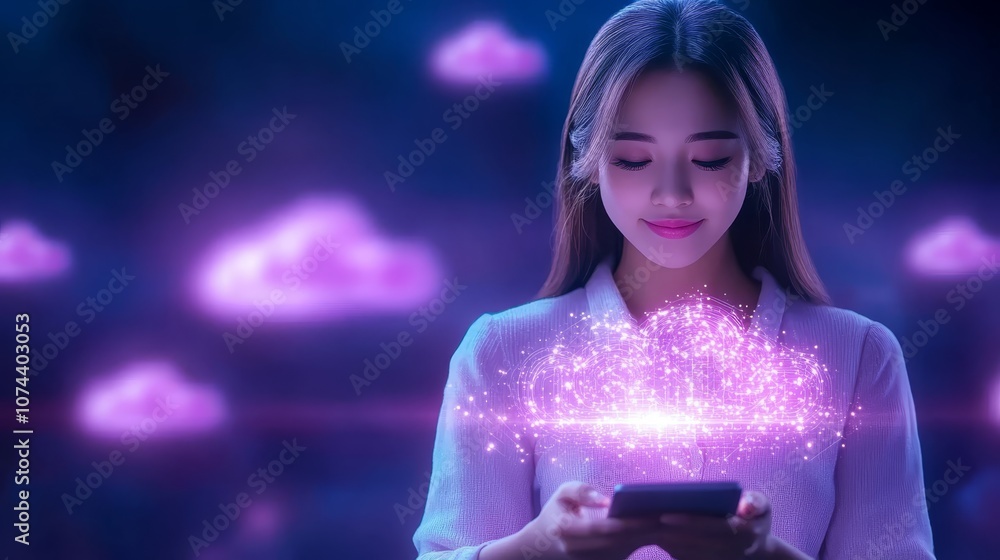 Poster woman connecting to glowing cloud server via phone, secure data transfer and network solutions