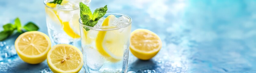 Two glasses of refreshing lemonade with mint and lemon slices, a perfect summer drink