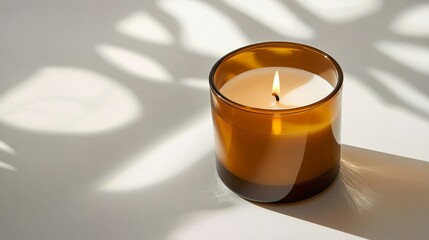A candle in a beige glass bowl, container on table. Daylight, foliage shadows. Copy space background. Concept of calm and relaxation, warm and cozy atmosphere.