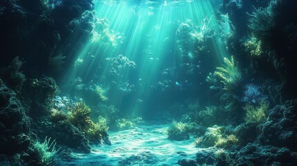 Fototapeta premium Cinematic background with underwater lighting in shades of blue and green, creating a deep, immersive effect