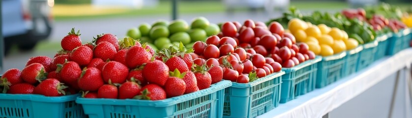 Overflowing baskets of fresh, ripe strawberries on a rustic table, summer delight