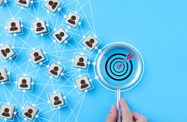 CRM, customer relationship management concept. Customer profile icons connected to target customer...