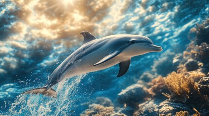 Naklejka premium Dolphin swimming and jumping in the middle of the ocean, jumping up and down in the water happily, showing playful and social behavior