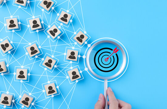 CRM, customer relationship management concept. Customer profile icons connected to target customer relationship management and targeted marketing strategies. Community online network technology,