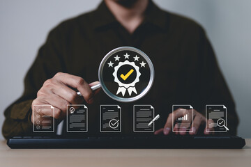 Quality Control and Certification Assurance Concept. Examines documents through magnifying glass,...