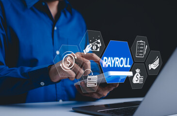 Payroll Management and Financial Processing Concept. A person interacts with payroll interface,...