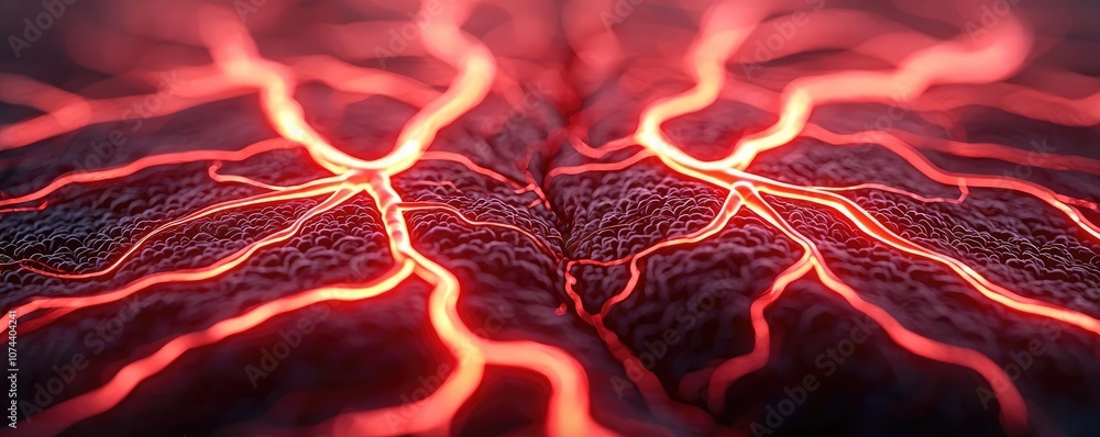 Poster close-up view of red neural pathways on a black surface, intricate and vivid.