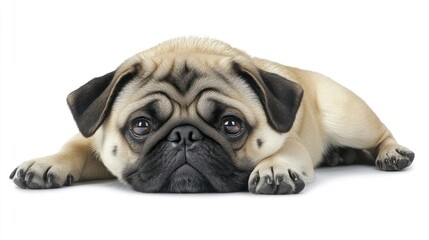 Obraz premium Pug dog lying on the floor, with wrinkles on his face and distinctive eyes